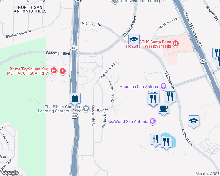 map of restaurants, bars, coffee shops, grocery stores, and more near 1803 Highland Mist Lane in San Antonio