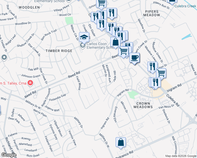 map of restaurants, bars, coffee shops, grocery stores, and more near 7880 Micron Drive in San Antonio