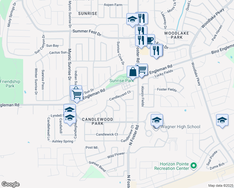 map of restaurants, bars, coffee shops, grocery stores, and more near 3406 Candlepass Drive in San Antonio