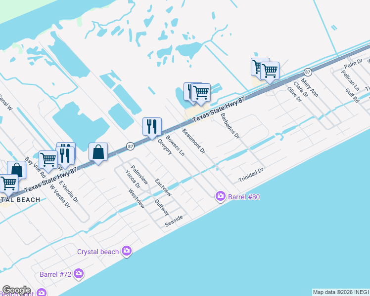 map of restaurants, bars, coffee shops, grocery stores, and more near 978 Meynig Lane in Bolivar Peninsula