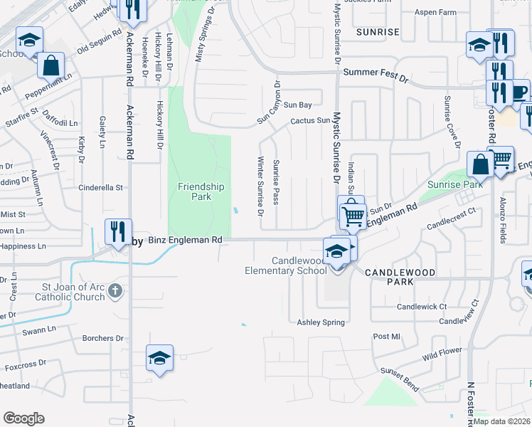 map of restaurants, bars, coffee shops, grocery stores, and more near 4038 Winter Sunrise Drive in San Antonio