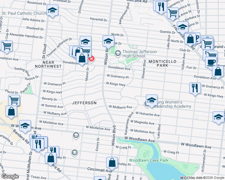 map of restaurants, bars, coffee shops, grocery stores, and more near 2330 West Kings Highway in San Antonio