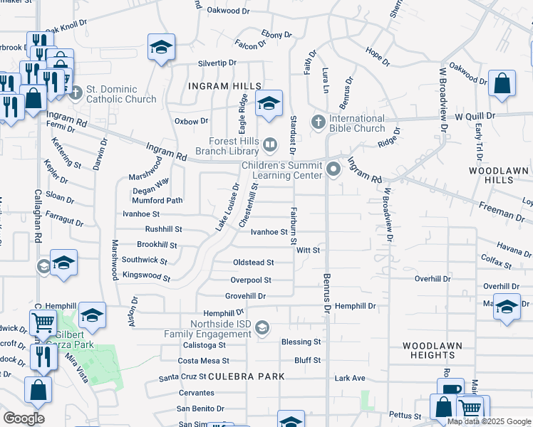 map of restaurants, bars, coffee shops, grocery stores, and more near 5130 Saint Leonard Street in San Antonio