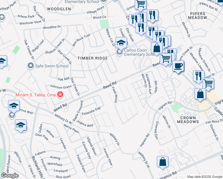 map of restaurants, bars, coffee shops, grocery stores, and more near 2442 Field Wood in San Antonio