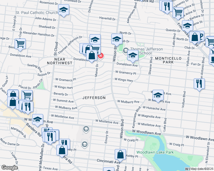 map of restaurants, bars, coffee shops, grocery stores, and more near 2402 West Kings Highway in San Antonio