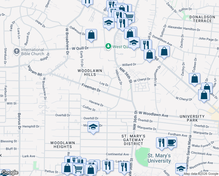 map of restaurants, bars, coffee shops, grocery stores, and more near 210 Loy Drive in San Antonio