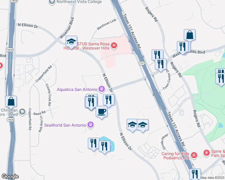 map of restaurants, bars, coffee shops, grocery stores, and more near 11086 Westover Hills Boulevard in San Antonio