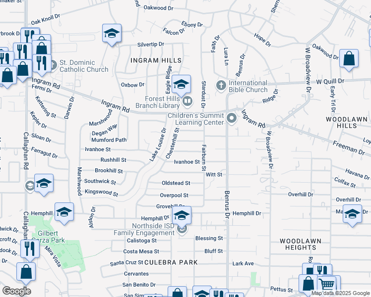 map of restaurants, bars, coffee shops, grocery stores, and more near 5130 Saint Leonard Street in San Antonio