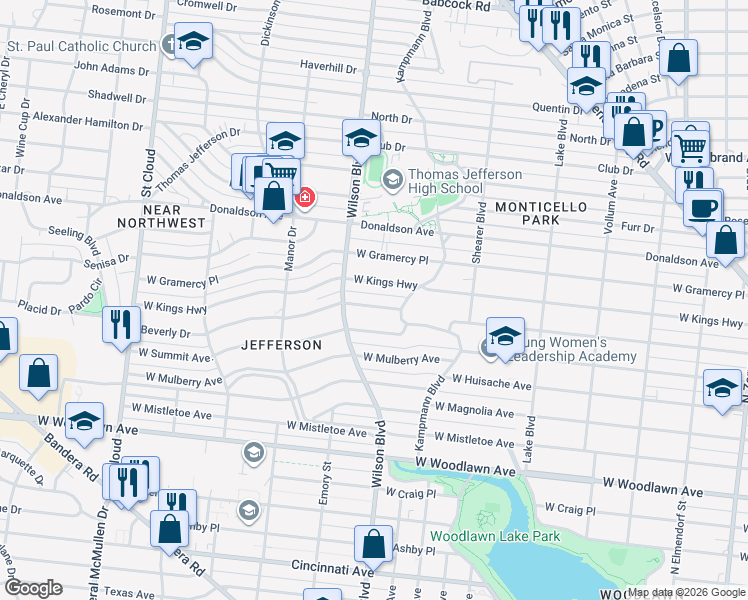 map of restaurants, bars, coffee shops, grocery stores, and more near 2330 West Kings Highway in San Antonio