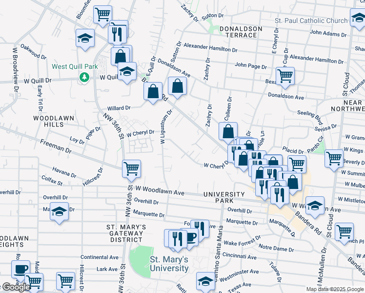 map of restaurants, bars, coffee shops, grocery stores, and more near 239 West Cheryl Drive in San Antonio