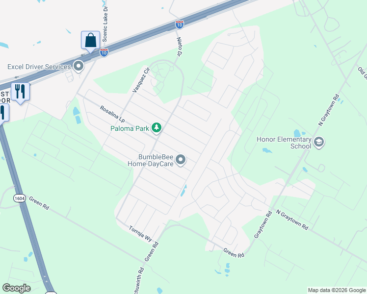 map of restaurants, bars, coffee shops, grocery stores, and more near 10746 Francisco Way in Converse