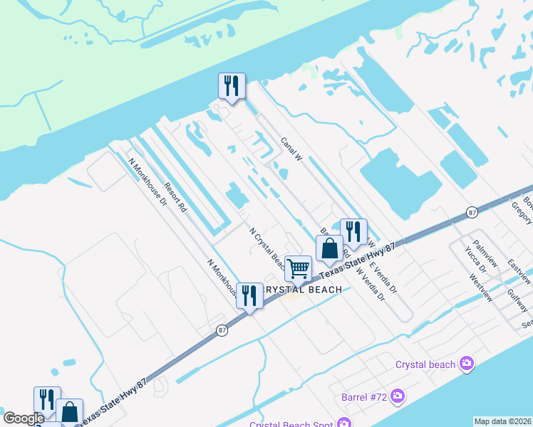 map of restaurants, bars, coffee shops, grocery stores, and more near 1134 Diamond Road in Bolivar Peninsula