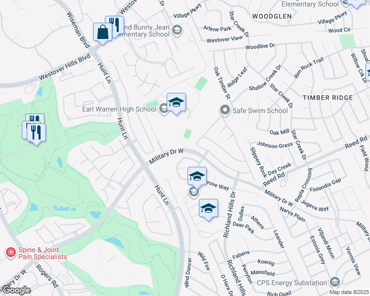 map of restaurants, bars, coffee shops, grocery stores, and more near 2409 Military Drive West in San Antonio
