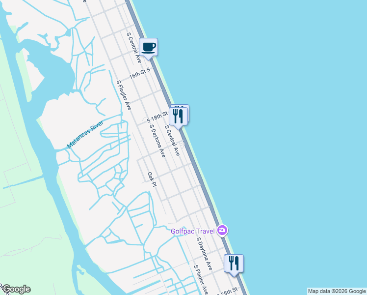 map of restaurants, bars, coffee shops, grocery stores, and more near 1900 South Oceanshore Boulevard in Flagler Beach