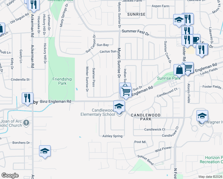 map of restaurants, bars, coffee shops, grocery stores, and more near 4019 Fire Sun in San Antonio