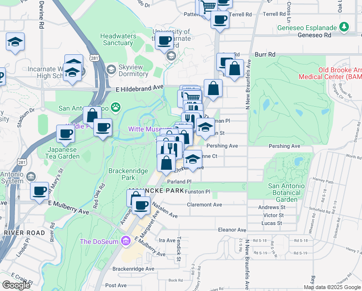 map of restaurants, bars, coffee shops, grocery stores, and more near 3801 Broadway Street in San Antonio