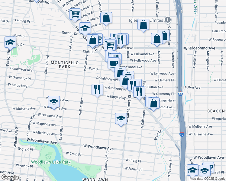 map of restaurants, bars, coffee shops, grocery stores, and more near 1818 West Gramercy Place in San Antonio
