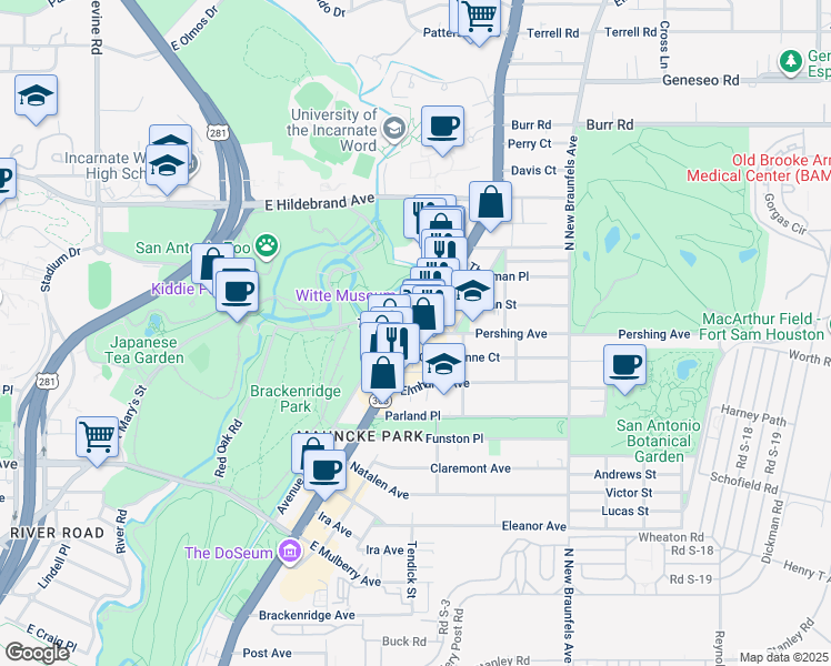 map of restaurants, bars, coffee shops, grocery stores, and more near 3801 Broadway in San Antonio