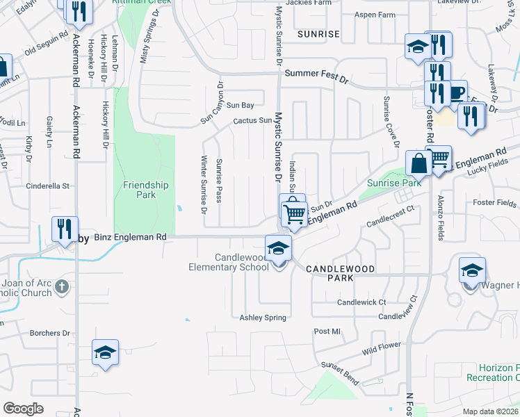 map of restaurants, bars, coffee shops, grocery stores, and more near 4019 Fire Sun in San Antonio