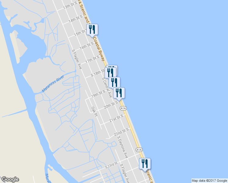 map of restaurants, bars, coffee shops, grocery stores, and more near 1900 South Oceanshore Boulevard in Flagler Beach