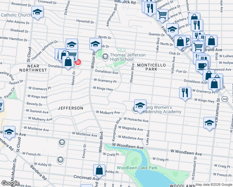 map of restaurants, bars, coffee shops, grocery stores, and more near 2231 West Kings Highway in San Antonio
