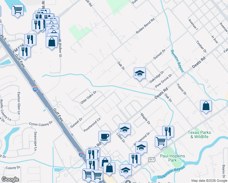 map of restaurants, bars, coffee shops, grocery stores, and more near 925 Sunset Drive in Dickinson