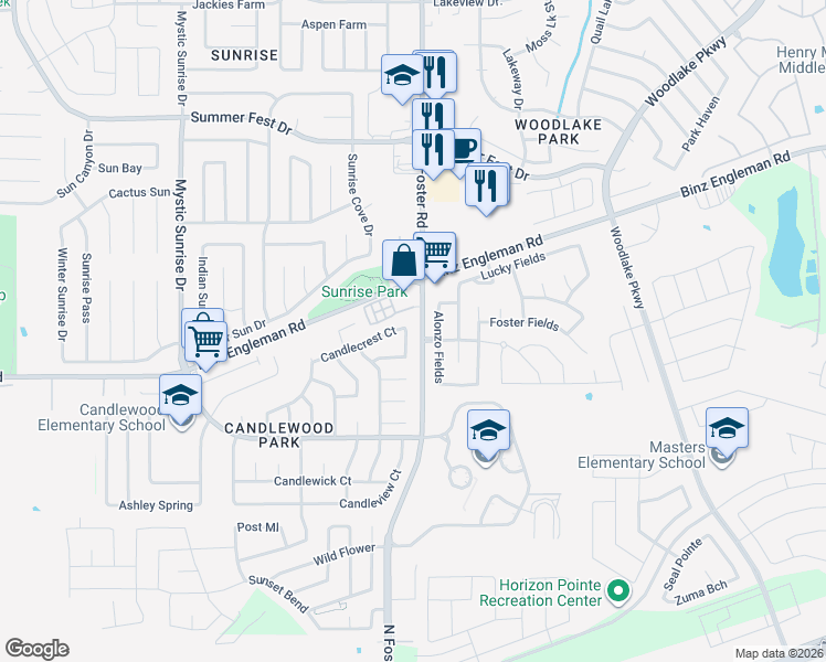 map of restaurants, bars, coffee shops, grocery stores, and more near 3330 Candlemoon Drive in San Antonio