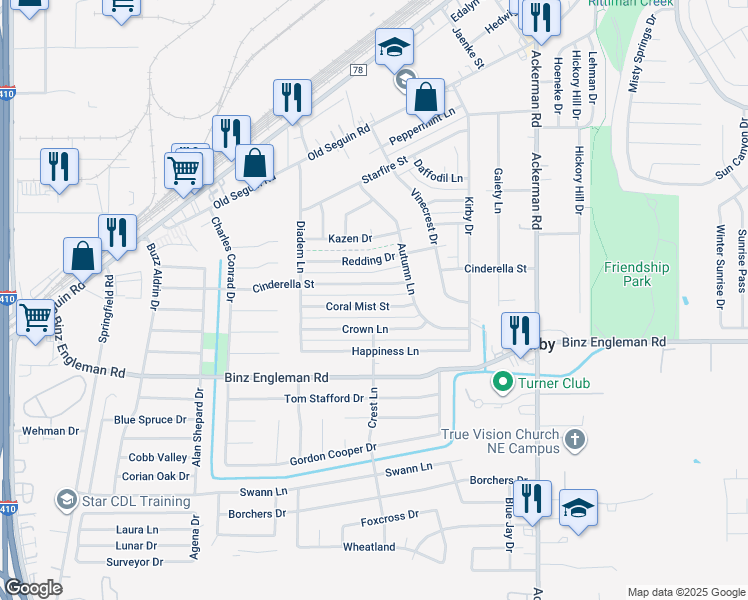 map of restaurants, bars, coffee shops, grocery stores, and more near 5226 Cinderella Street in San Antonio