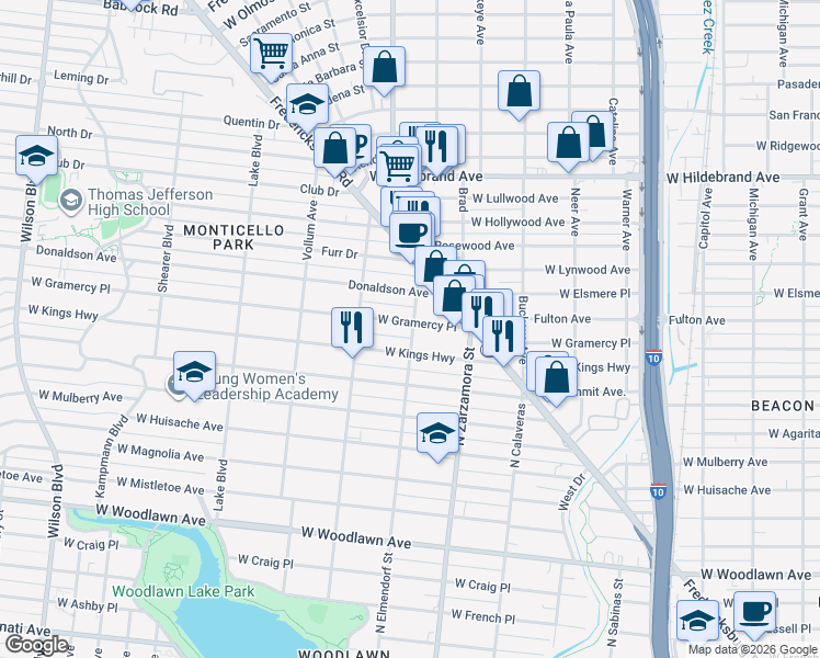 map of restaurants, bars, coffee shops, grocery stores, and more near 1802 West Gramercy Place in San Antonio