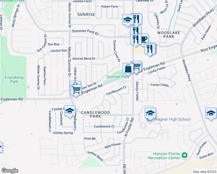 map of restaurants, bars, coffee shops, grocery stores, and more near 6415 Candlepass Drive in San Antonio