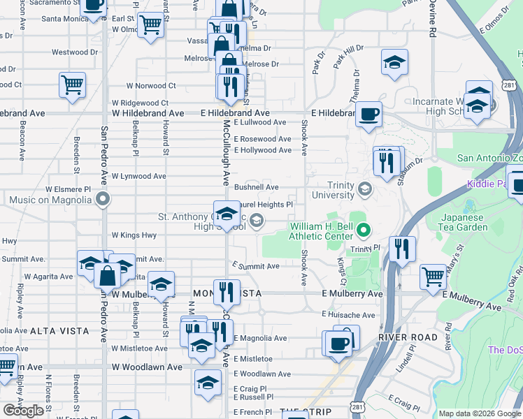 map of restaurants, bars, coffee shops, grocery stores, and more near 147 Laurel Heights Place in San Antonio