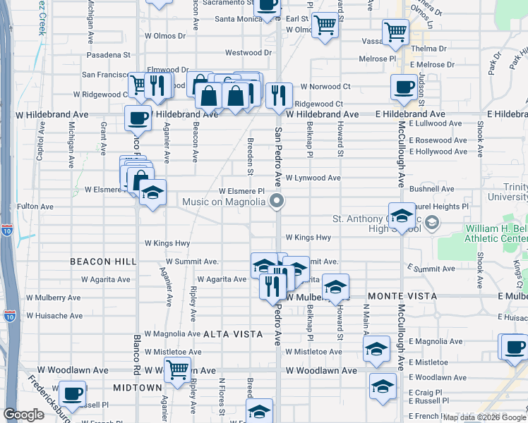 map of restaurants, bars, coffee shops, grocery stores, and more near 432 Fulton Avenue in San Antonio