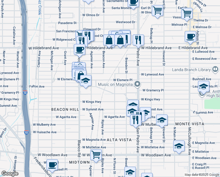 map of restaurants, bars, coffee shops, grocery stores, and more near 618 Fulton Avenue in San Antonio