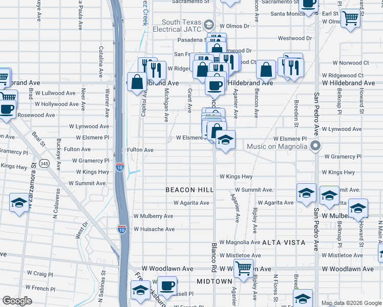 map of restaurants, bars, coffee shops, grocery stores, and more near 941 Fulton Avenue in San Antonio