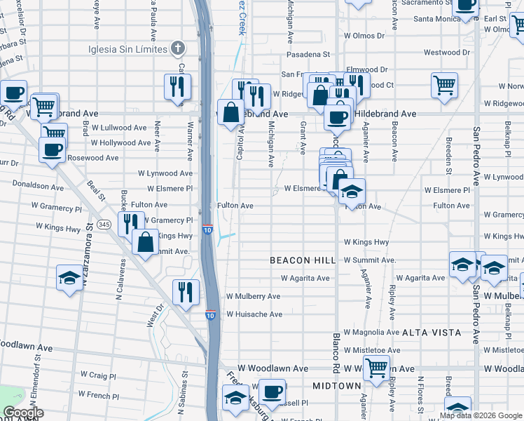 map of restaurants, bars, coffee shops, grocery stores, and more near 1112 Fulton Ave in San Antonio