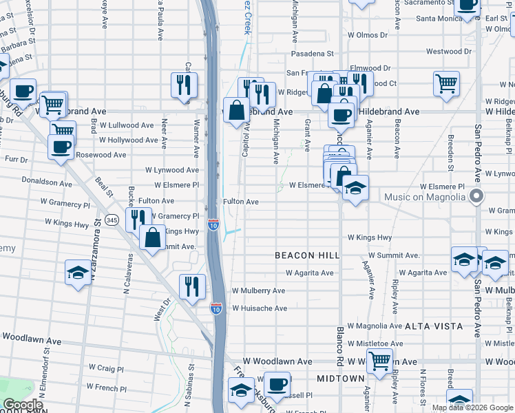 map of restaurants, bars, coffee shops, grocery stores, and more near 1112 Fulton Avenue in San Antonio