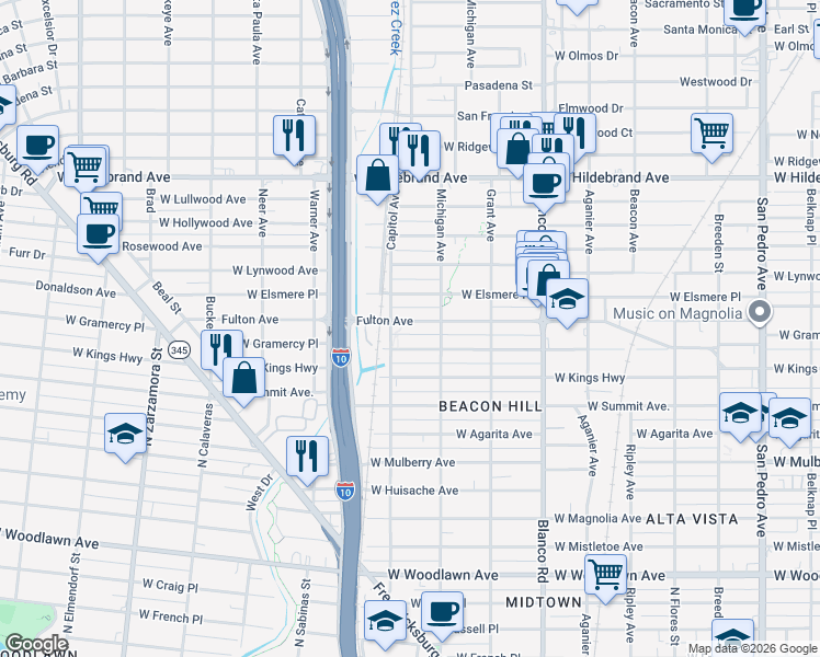 map of restaurants, bars, coffee shops, grocery stores, and more near 1112 Fulton Avenue in San Antonio