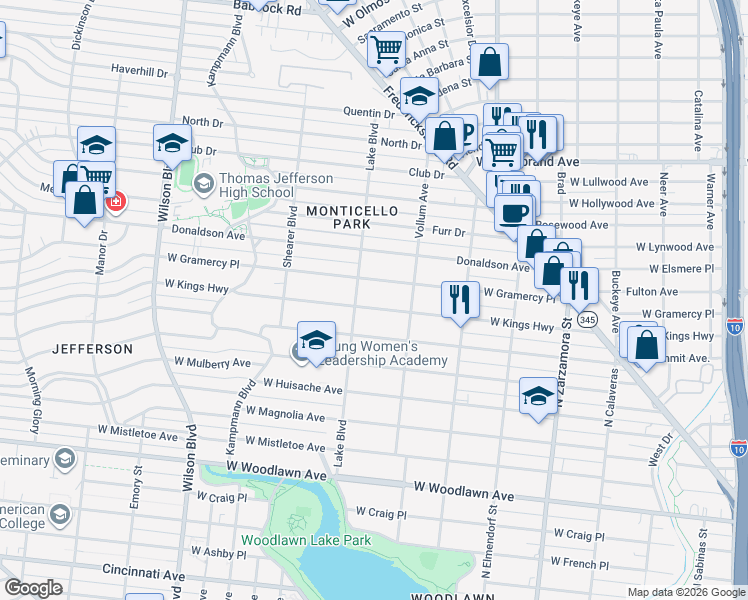 map of restaurants, bars, coffee shops, grocery stores, and more near 2055 West Kings Highway in San Antonio