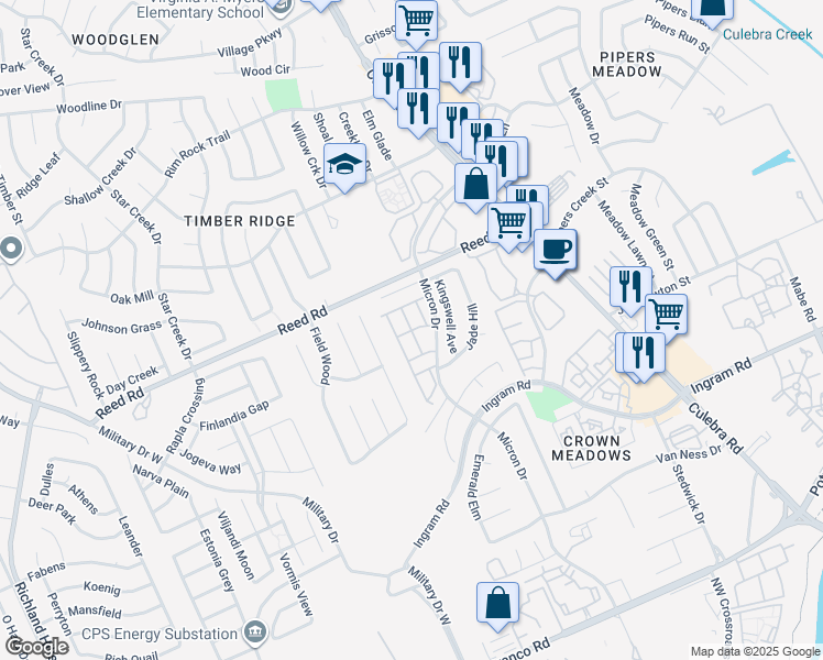 map of restaurants, bars, coffee shops, grocery stores, and more near 7880 Micron Drive in San Antonio