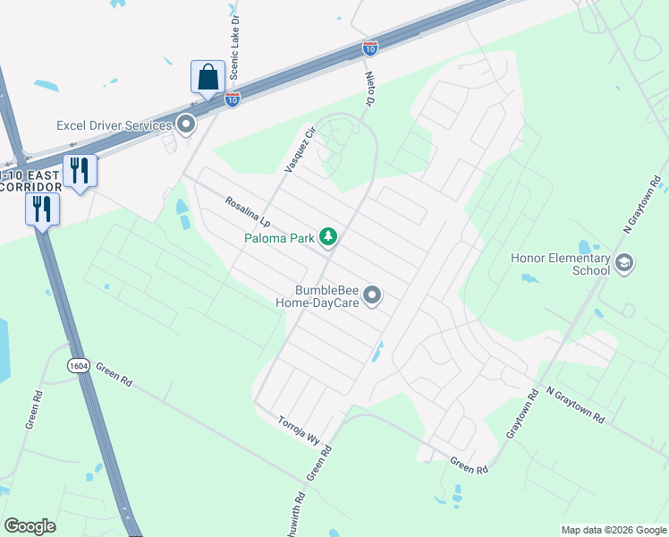 map of restaurants, bars, coffee shops, grocery stores, and more near 10703 Rosalina Loop in Converse