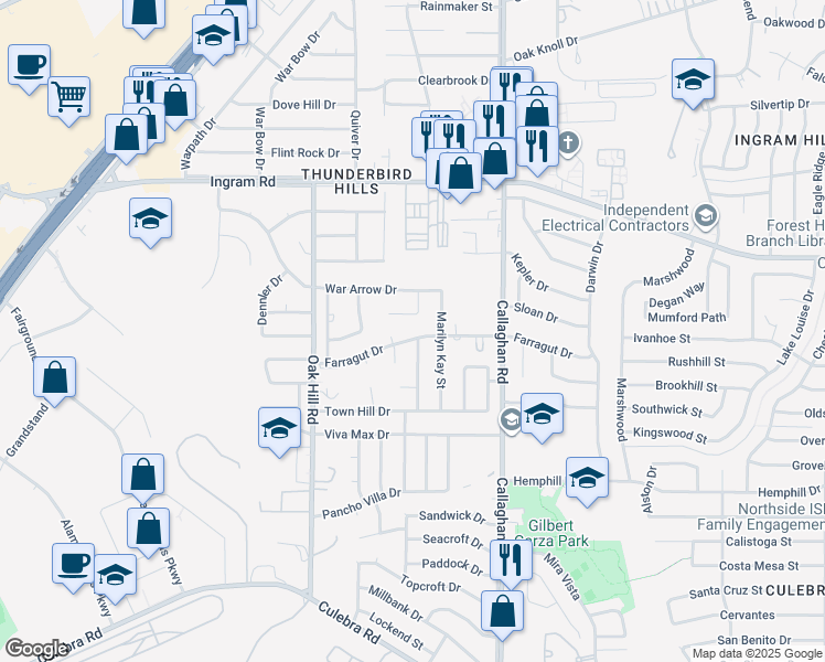 map of restaurants, bars, coffee shops, grocery stores, and more near 6011 Farragut Drive in San Antonio