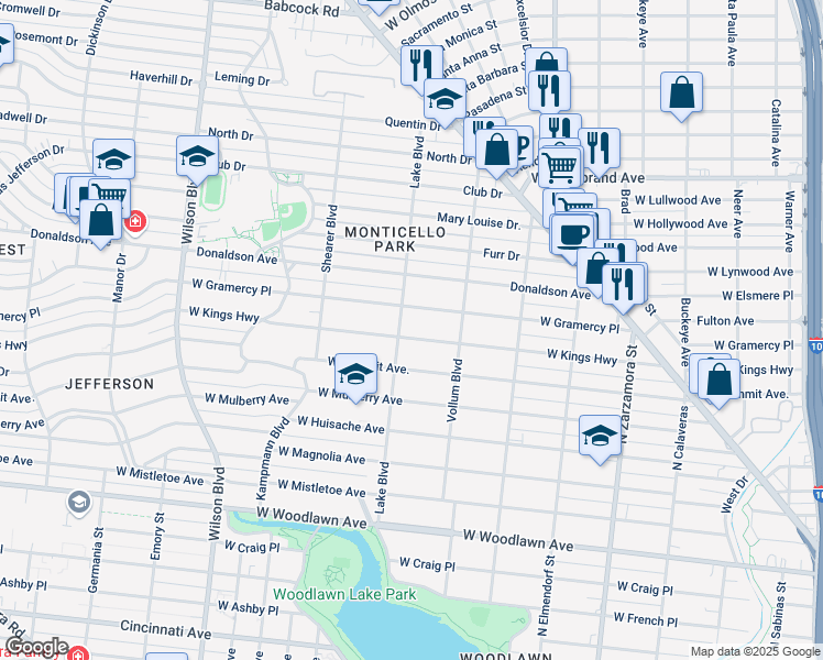 map of restaurants, bars, coffee shops, grocery stores, and more near 2055 West Kings Highway in San Antonio