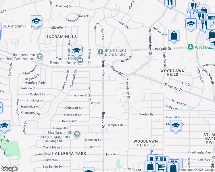 map of restaurants, bars, coffee shops, grocery stores, and more near 4935 Brockman Street in San Antonio