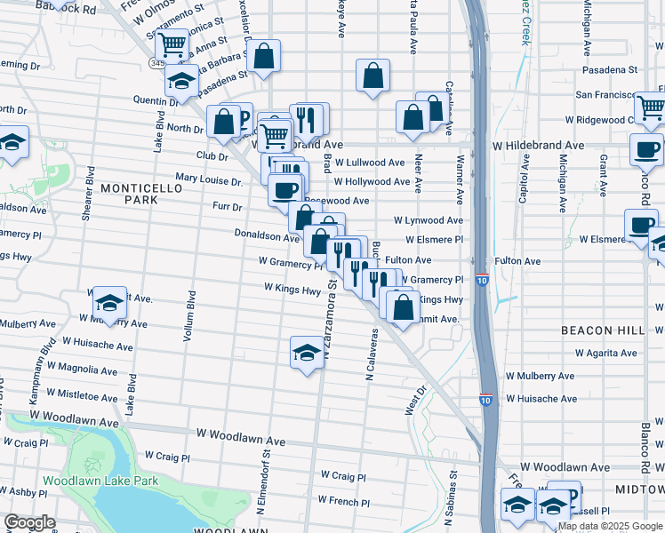 map of restaurants, bars, coffee shops, grocery stores, and more near 1825 Fredericksburg Road in San Antonio