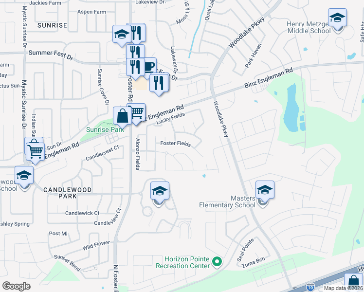 map of restaurants, bars, coffee shops, grocery stores, and more near 6714 Foster Fields in Converse