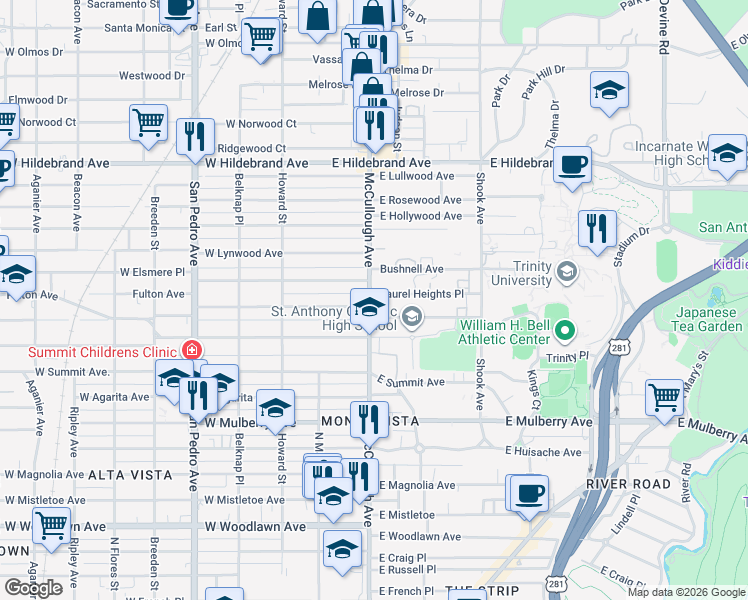 map of restaurants, bars, coffee shops, grocery stores, and more near 102 Laurel Heights Place in San Antonio