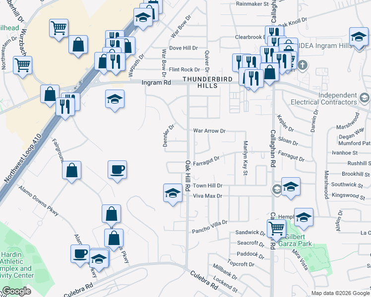map of restaurants, bars, coffee shops, grocery stores, and more near 6203 Linus Street in San Antonio