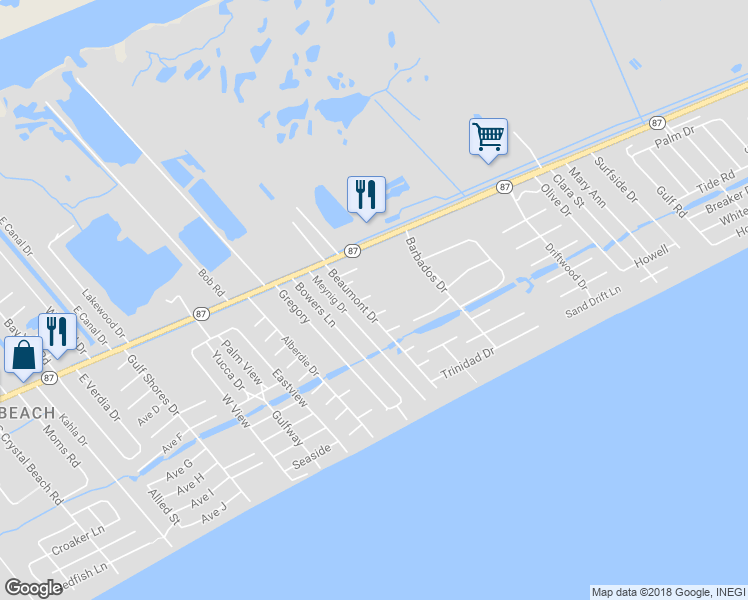 map of restaurants, bars, coffee shops, grocery stores, and more near 2220 Snapper Street in Bolivar Peninsula