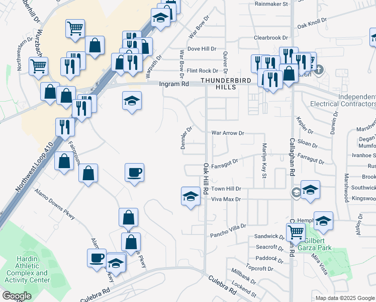 map of restaurants, bars, coffee shops, grocery stores, and more near 6227 Linus St in San Antonio