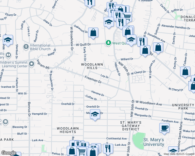 map of restaurants, bars, coffee shops, grocery stores, and more near 503 Freeman Drive in San Antonio